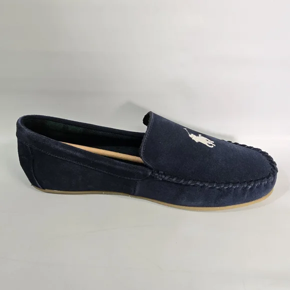 Polo Ralph Lauren Collins Suede Leather Slippers Mens 10 Navy Memory Foam NIB